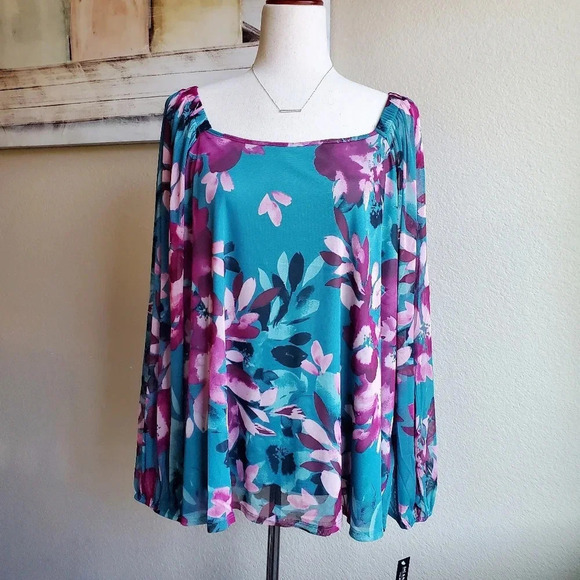 Zac & Rachel Tops - ZAC & RACHEL | Square Neck Mesh Top in Deep Lake sz 2X